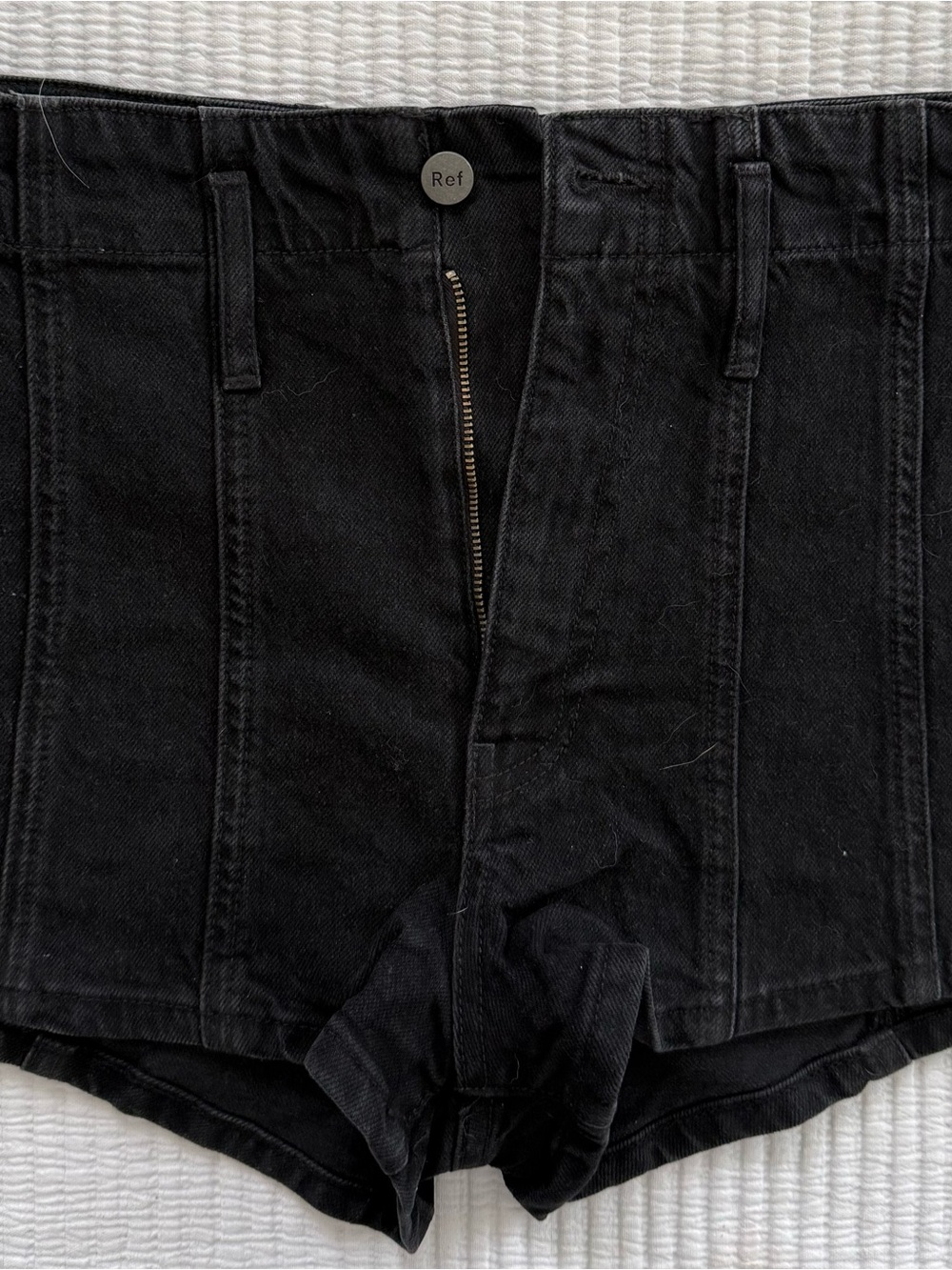Reformation “Eva” High-Waisted Black Denim Shorts